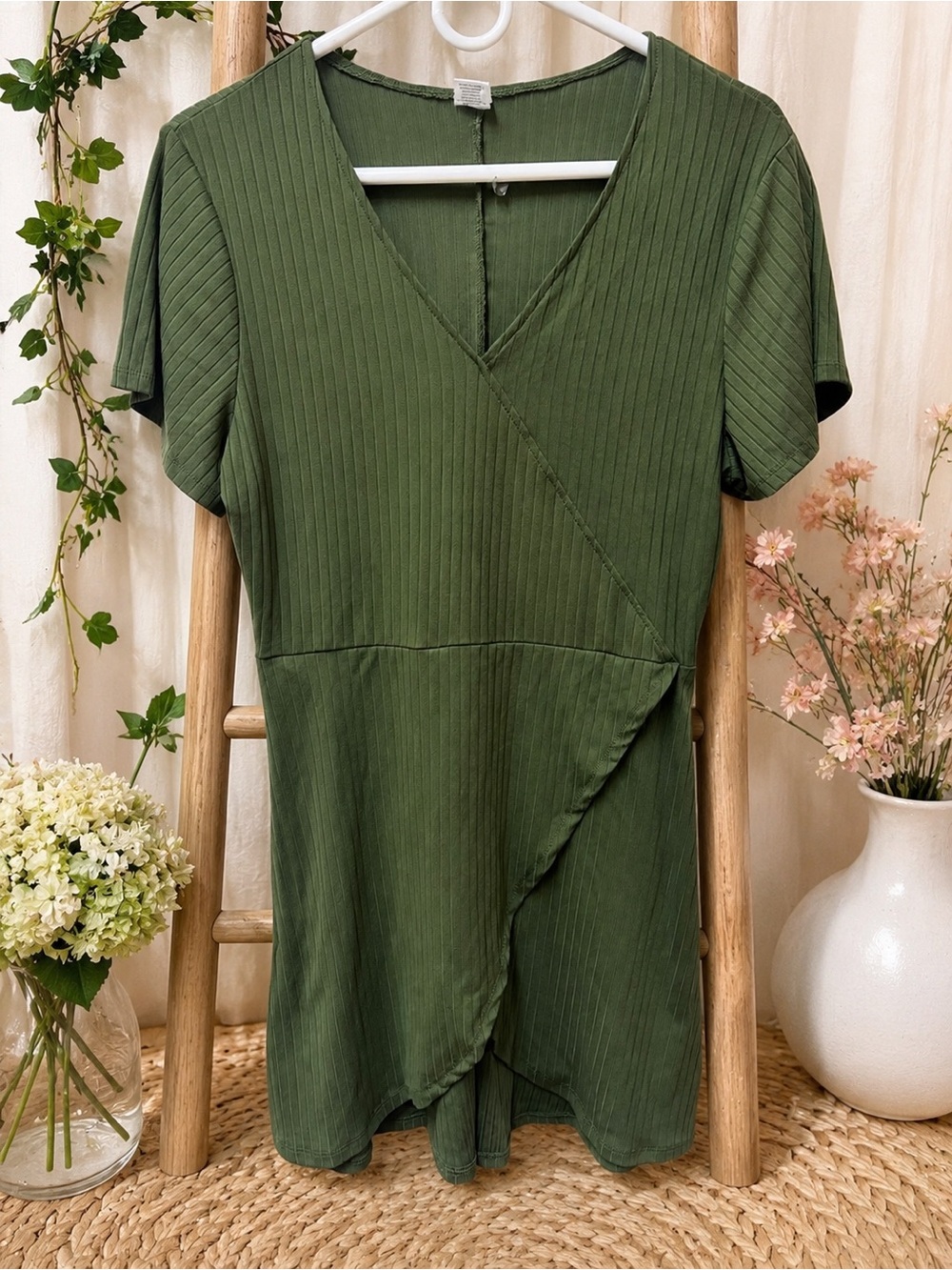 Olive Green Ribbed Wrap-Front Short Sleeve Dress